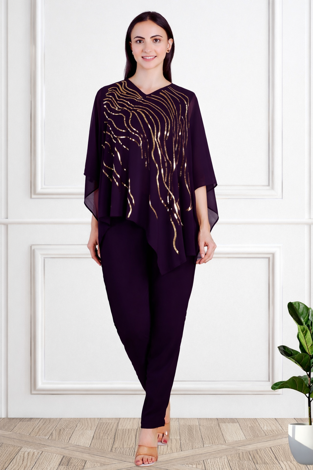 Designer Asymmetric Sequins Embellished Top with Matching Pants