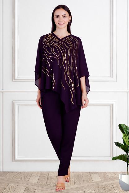 Designer Asymmetric Sequins Embellished Top with Matching Pants