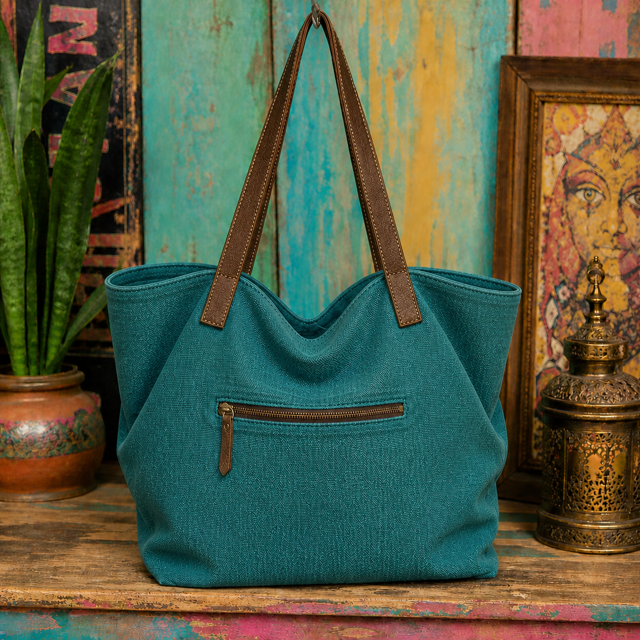 Large Linen Shoulder Tote Bag with Leather Strap