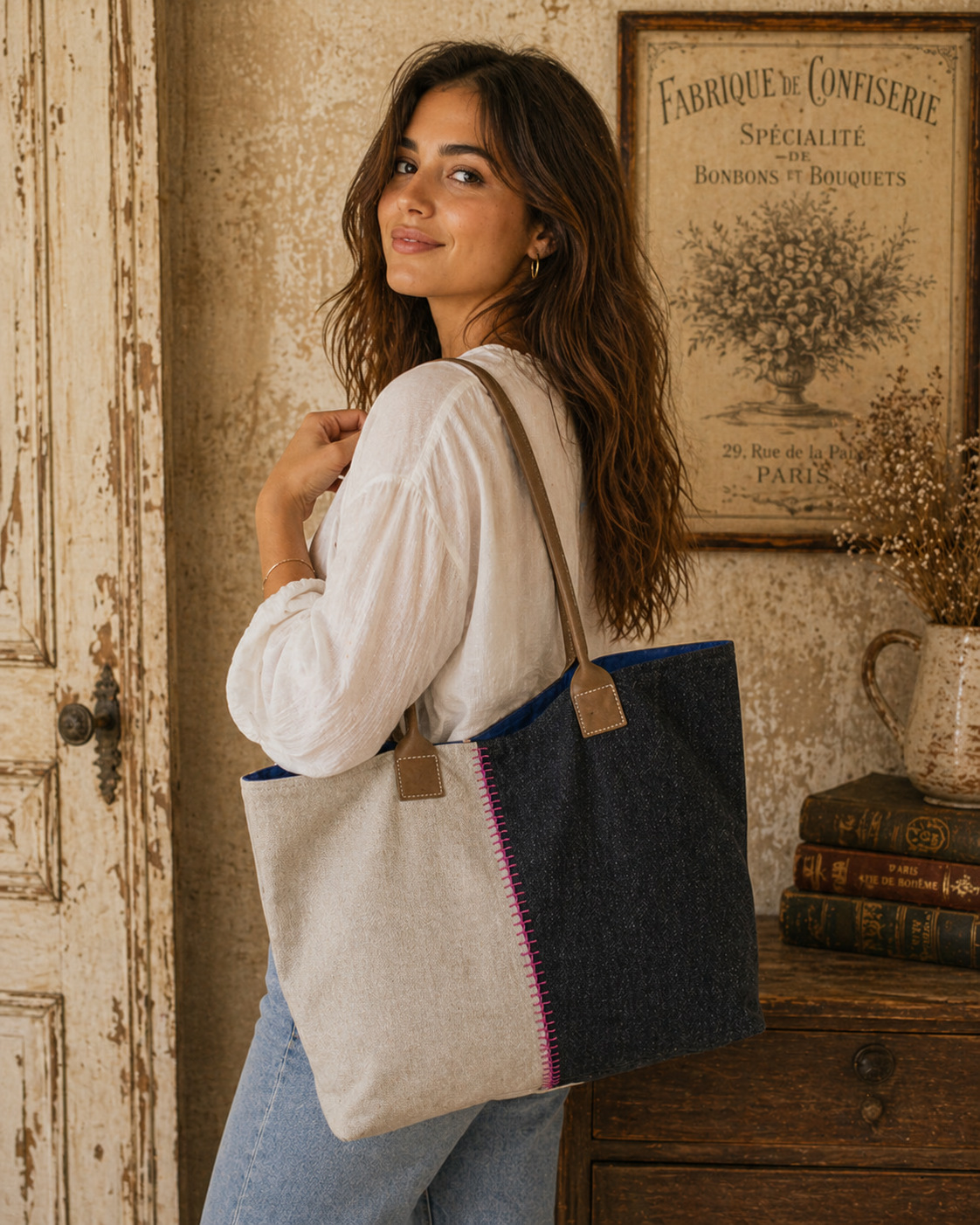 Elegant Linen Color Block Handbag with Genuine Leather Handles
