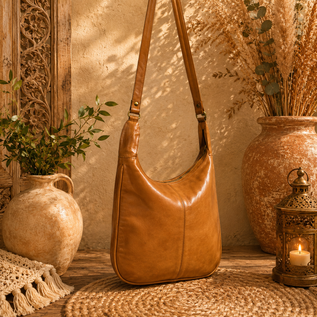 Classic Tan Leather Hobo Handbag