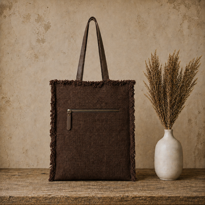 Large Linen Shoulder Tote Bag with Ripped Effect