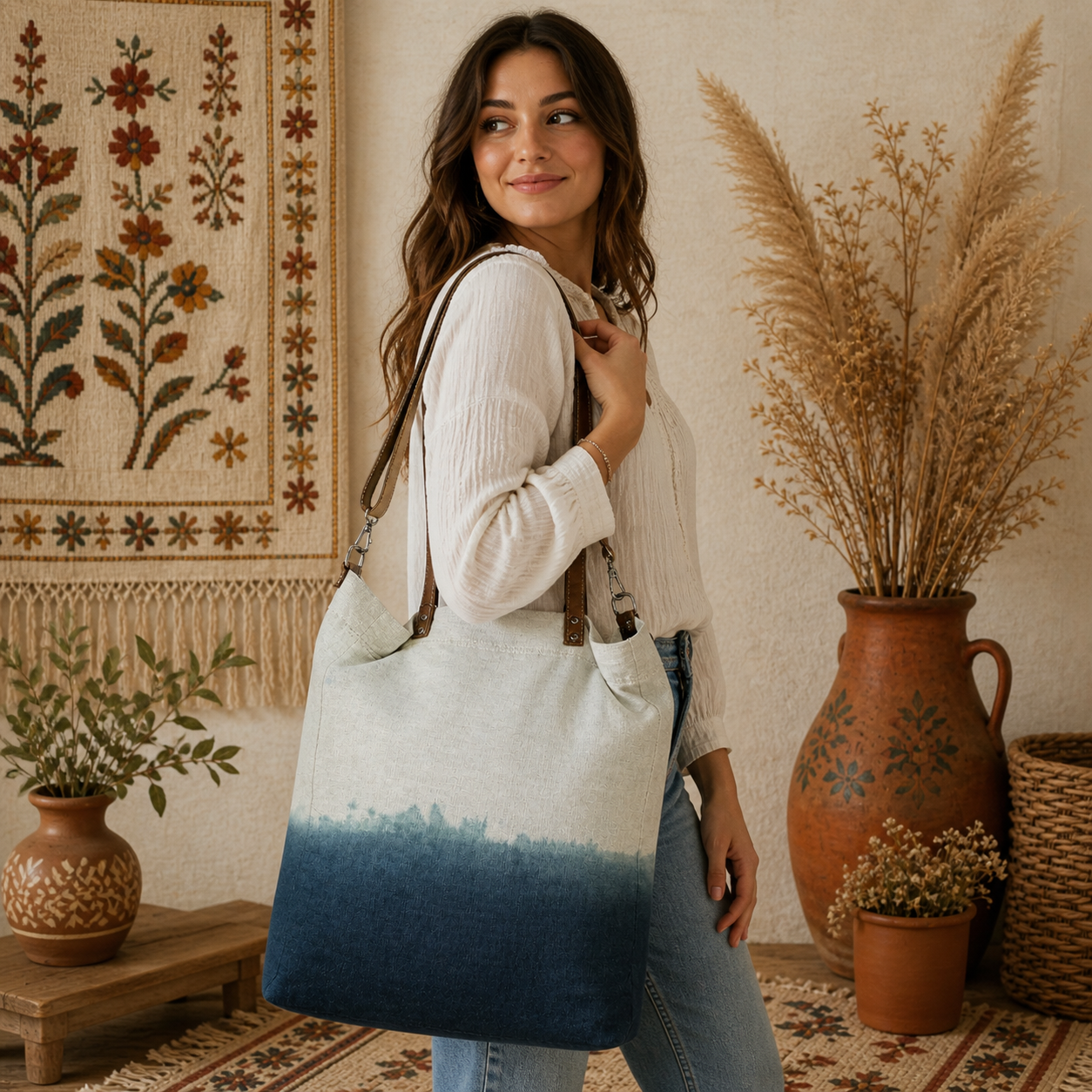 Linen Tote Bag with Leather Straps & Ombre Effect