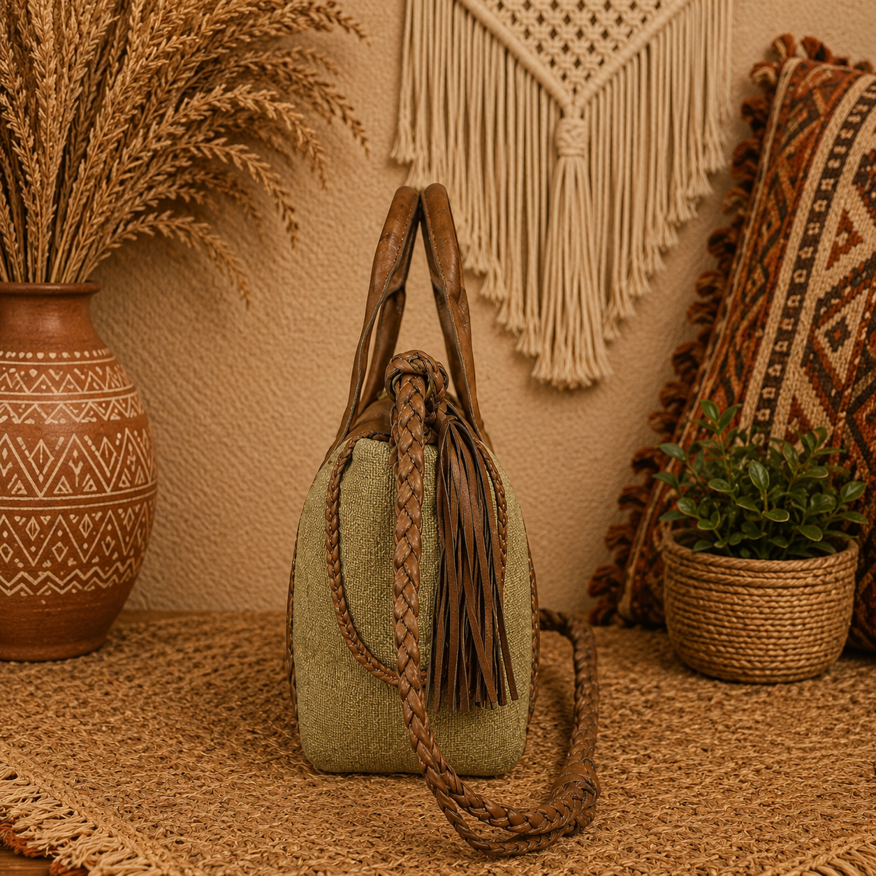 Boho Woven Leather Tote Bag – Handmade Multi-Color Patchwork Shoulder & Crossbody Bag