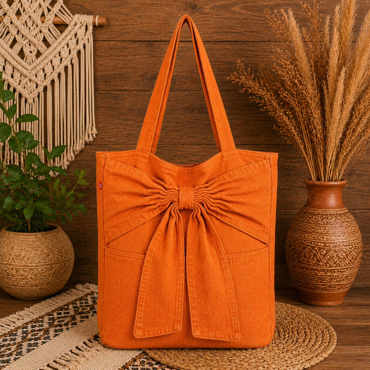 Large Linen Shoulder Tote Bag with Bow