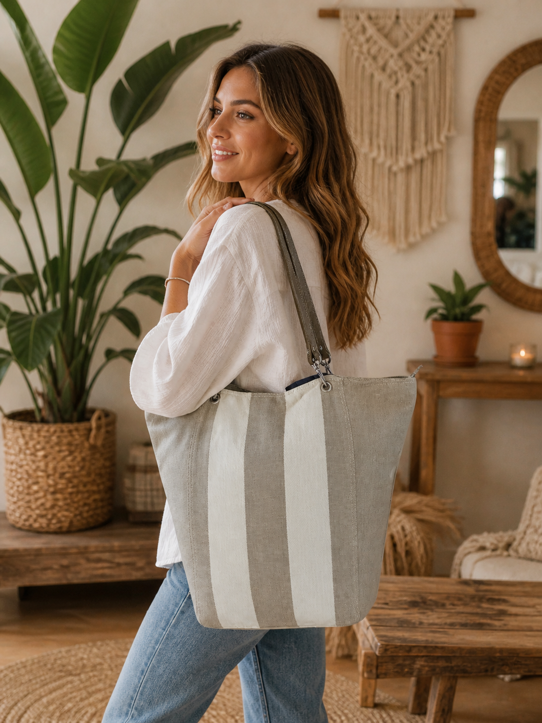 Large Linen Tote Bag with Leather Straps