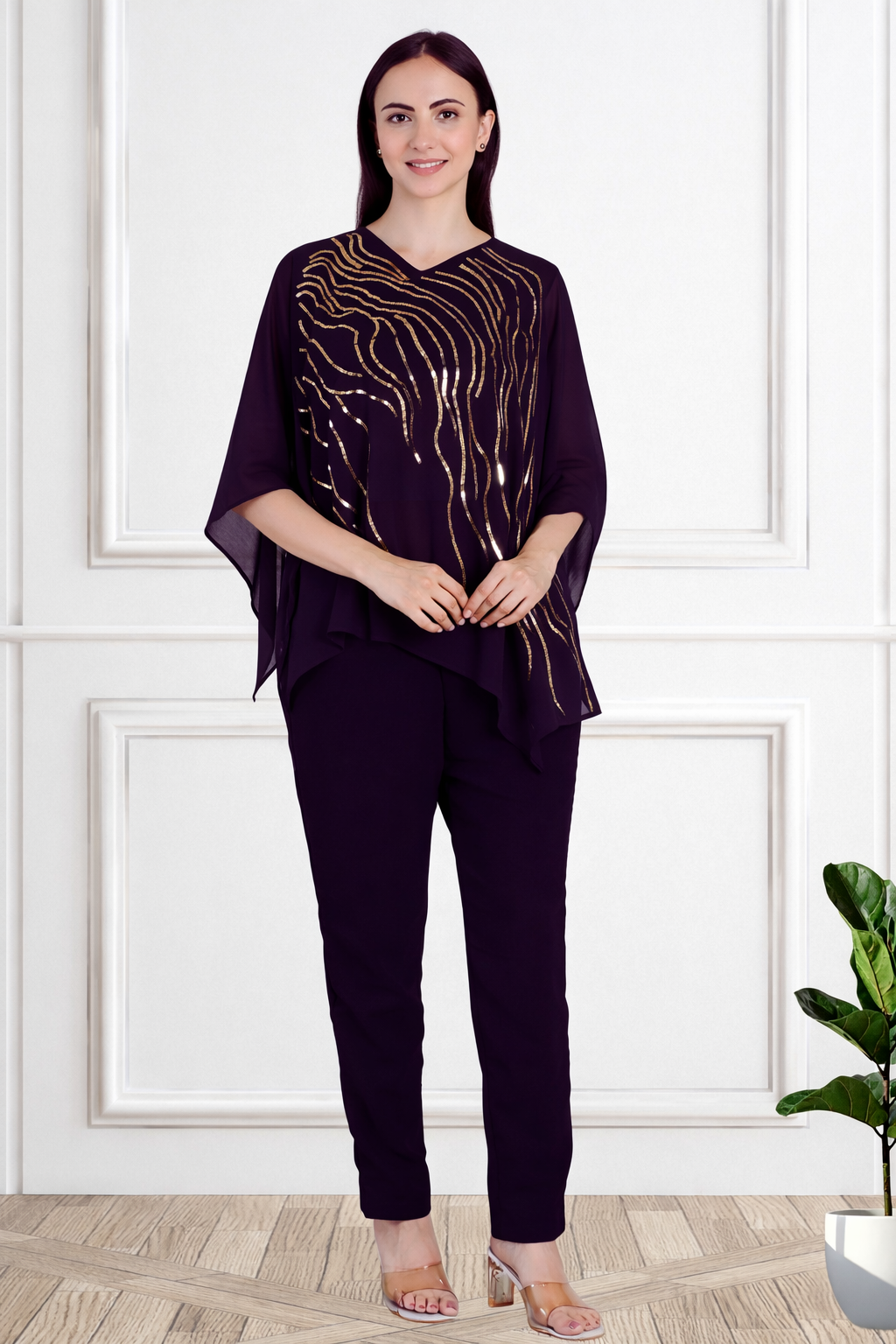 Designer Asymmetric Sequins Embellished Top with Matching Pants