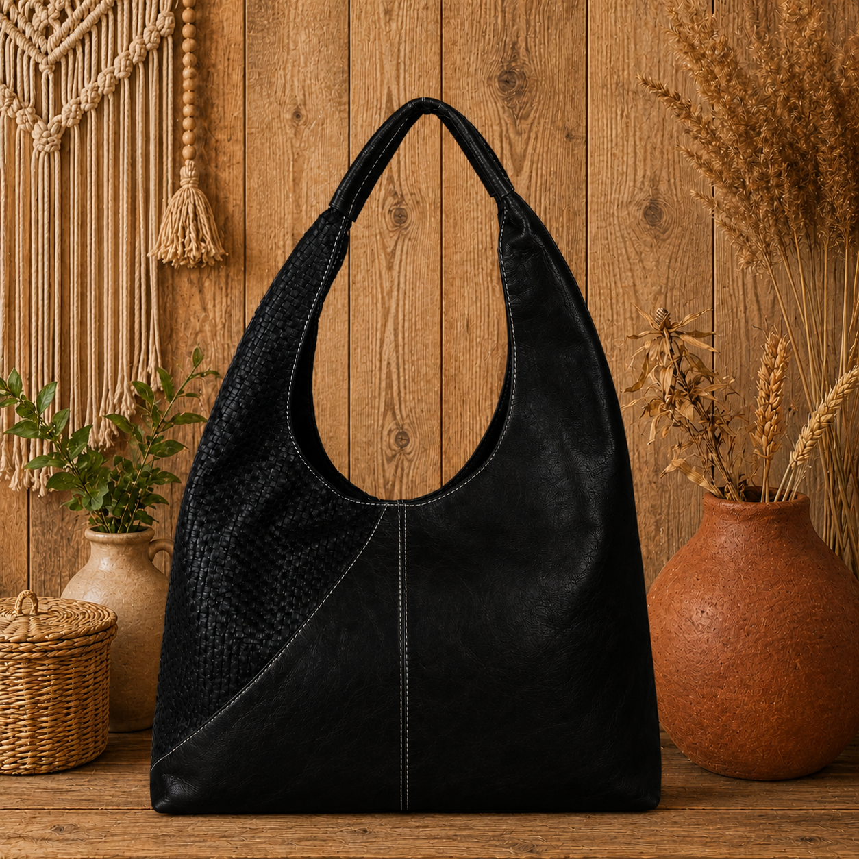 Hobo Leather Handbag with Basket Weave Patchwork