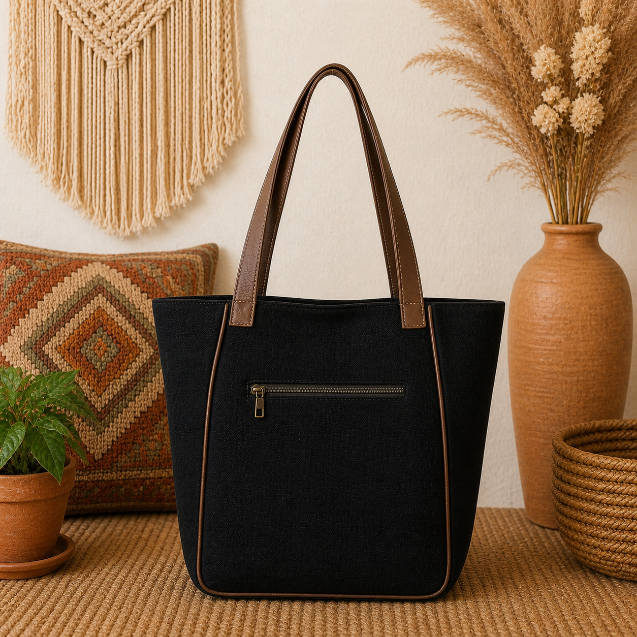 Large Linen Tote Bag with Leather Straps