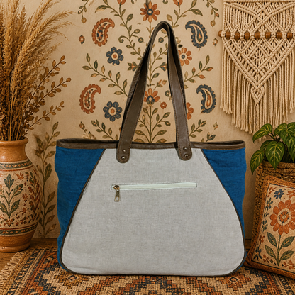 Large Linen Tote Bag with Leather Strap