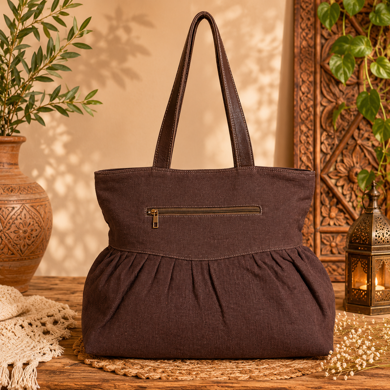 Large Linen Pleated Tote  Bag