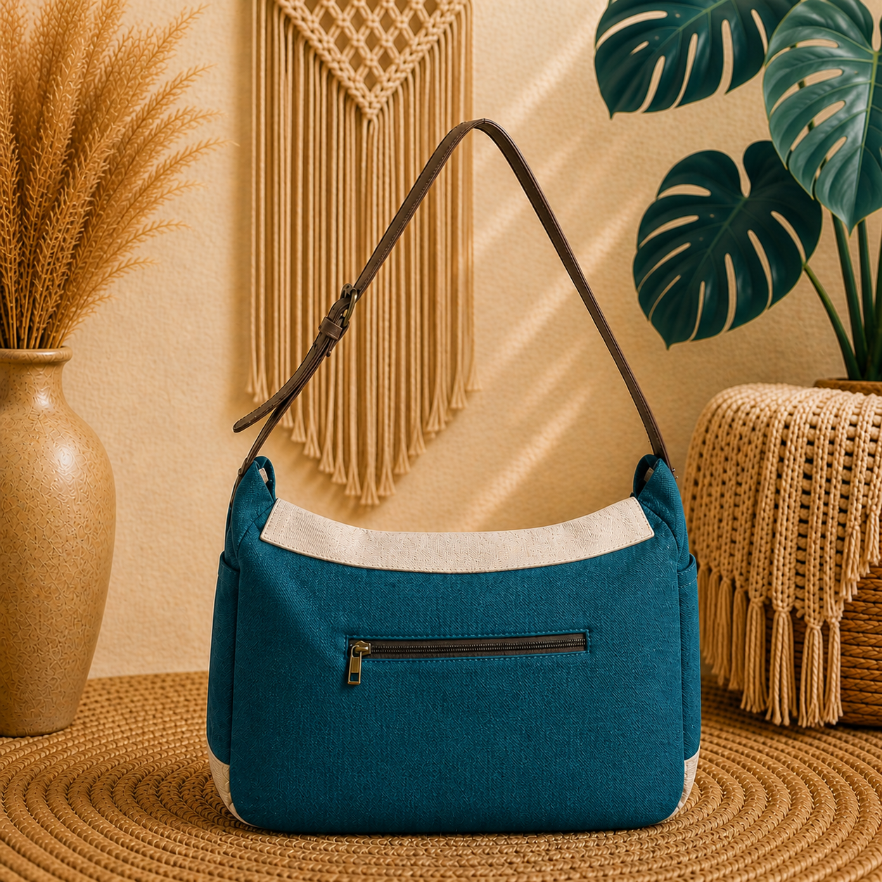 Linen Satchel Bag with Adjustable Strap