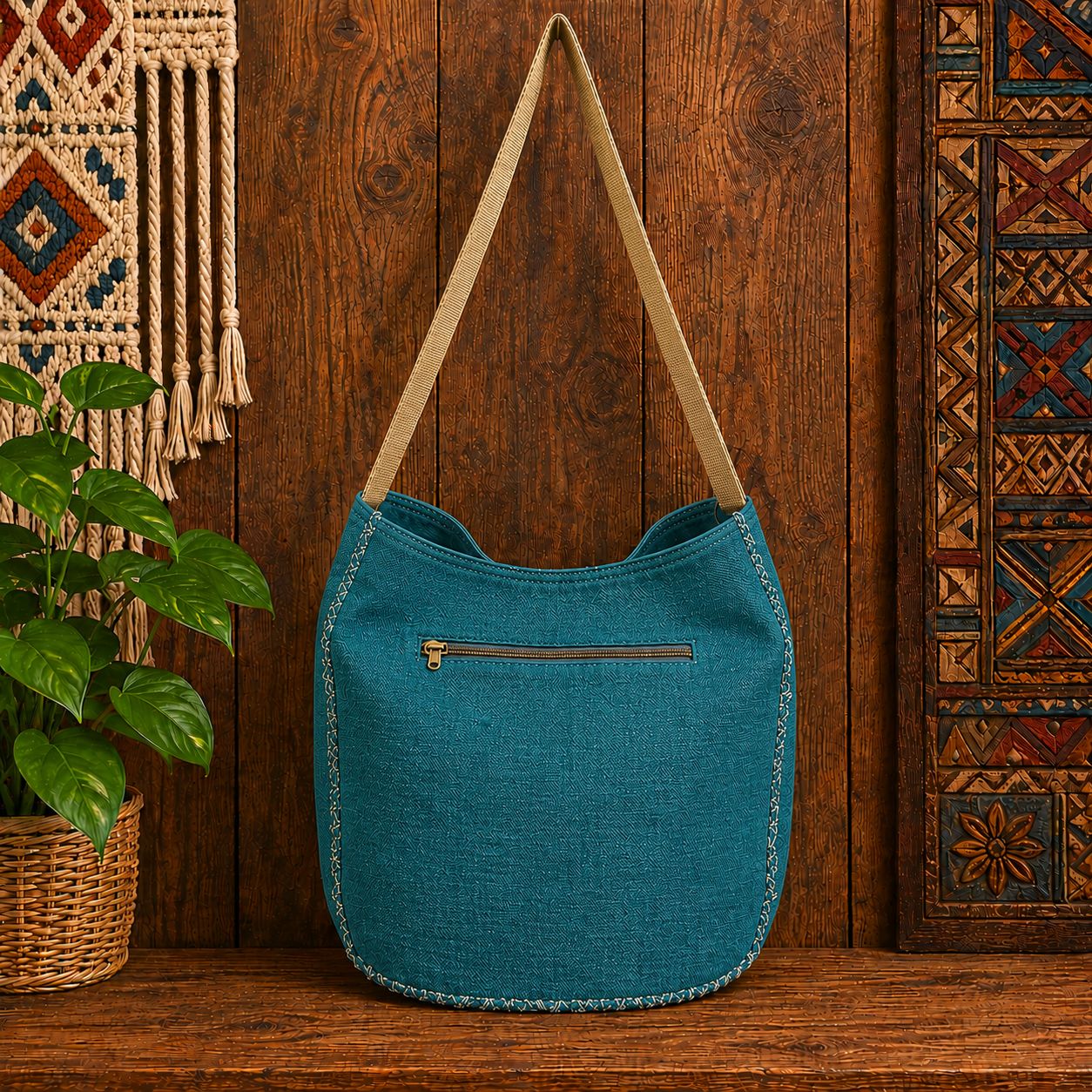 Large Linen Hobo Shoulder Bag