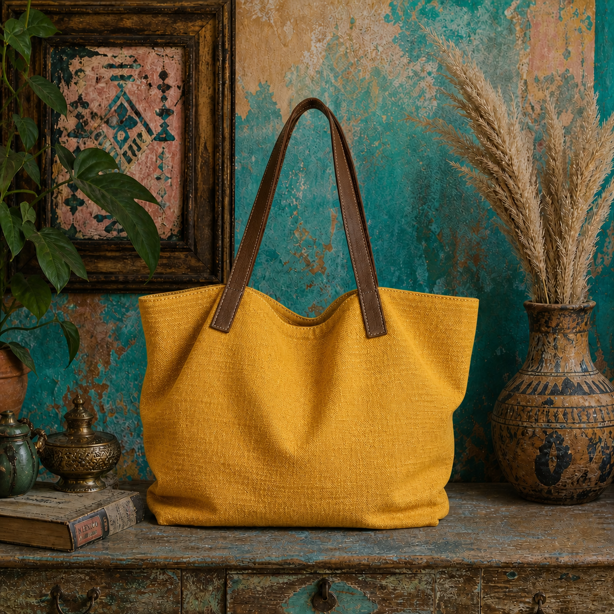Large Linen Shoulder Tote Bag with Leather Strap
