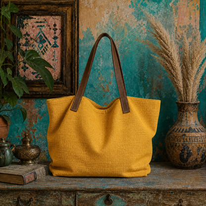 Large Linen Shoulder Tote Bag with Leather Strap