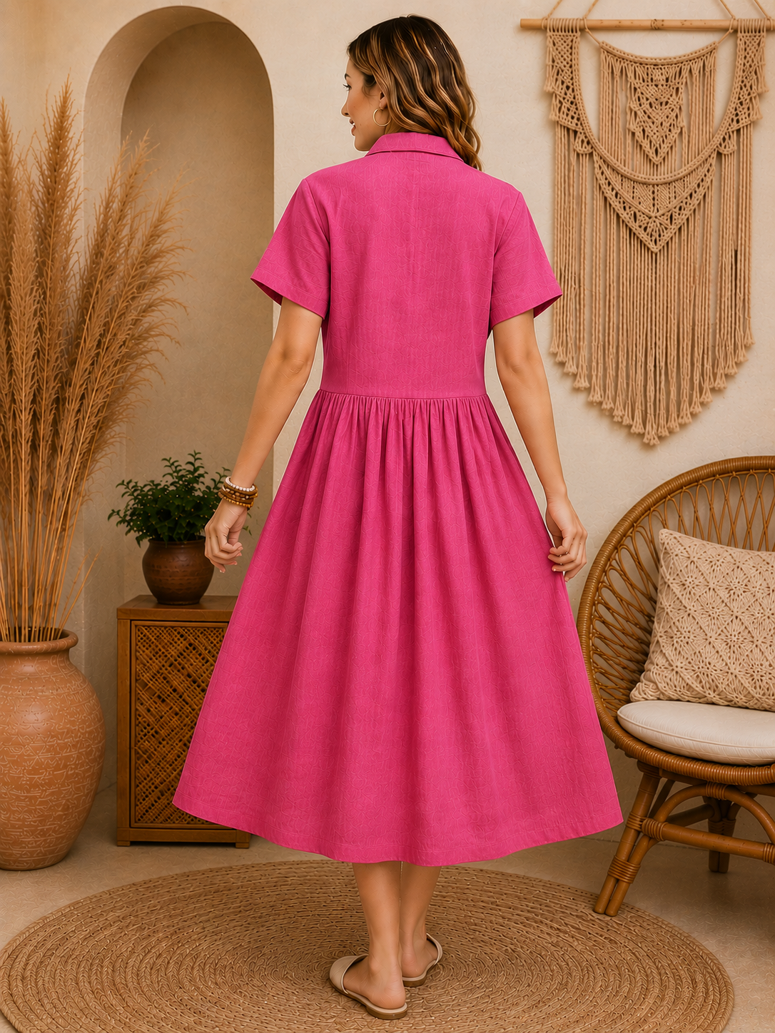 Blush Linen Button-Front Midi Dress – Relaxed Boho Summer Dress