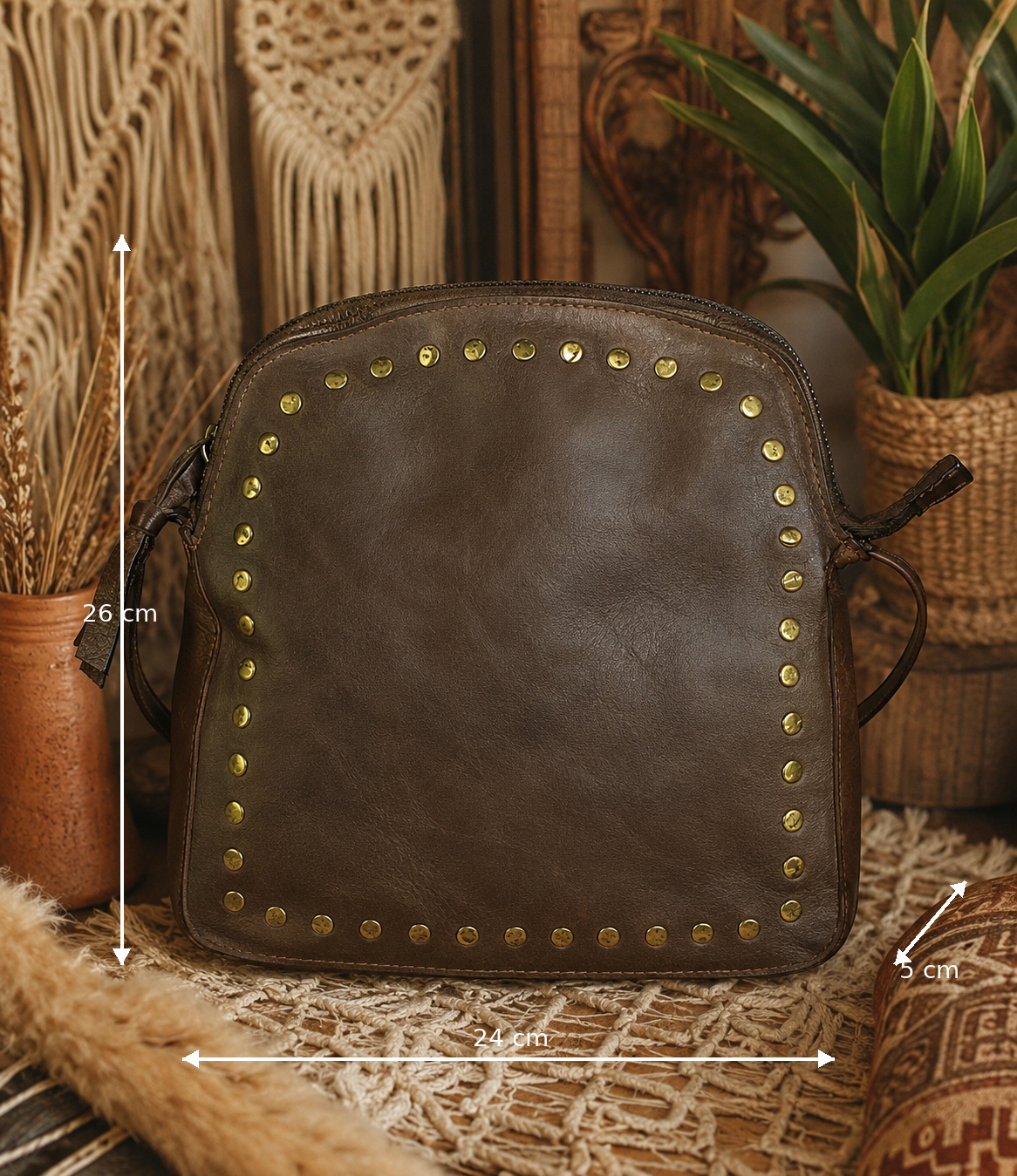 Boho Coffee Brown Leather Sling Bag
