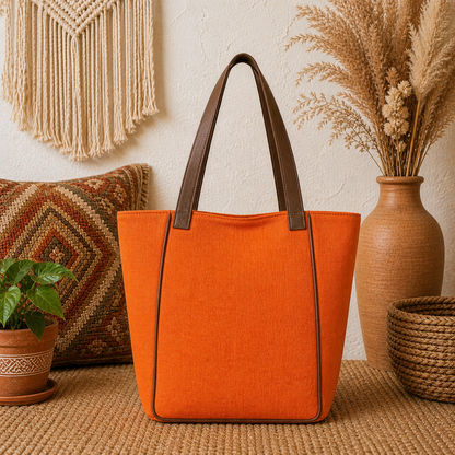 Large Linen Tote Bag with Leather Straps