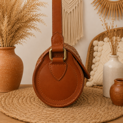 Barrel Leather Bag with Twill Weave