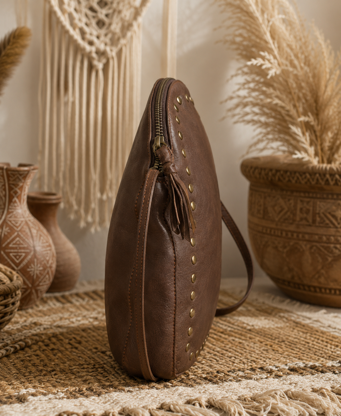 Boho Coffee Brown Leather Sling Bag