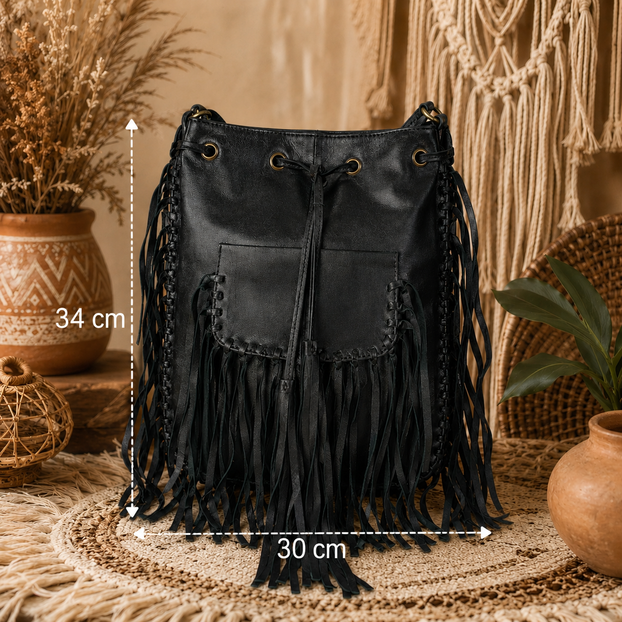 Midnight Boho Fringe Leather Bucket Bag