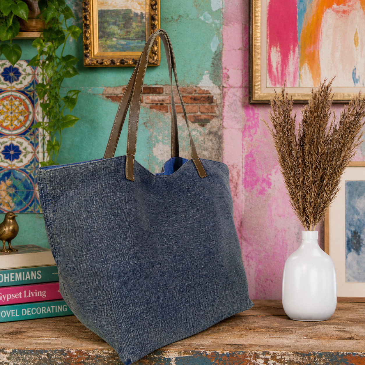 Large Linen Shoulder Tote Bag with Leather Strap