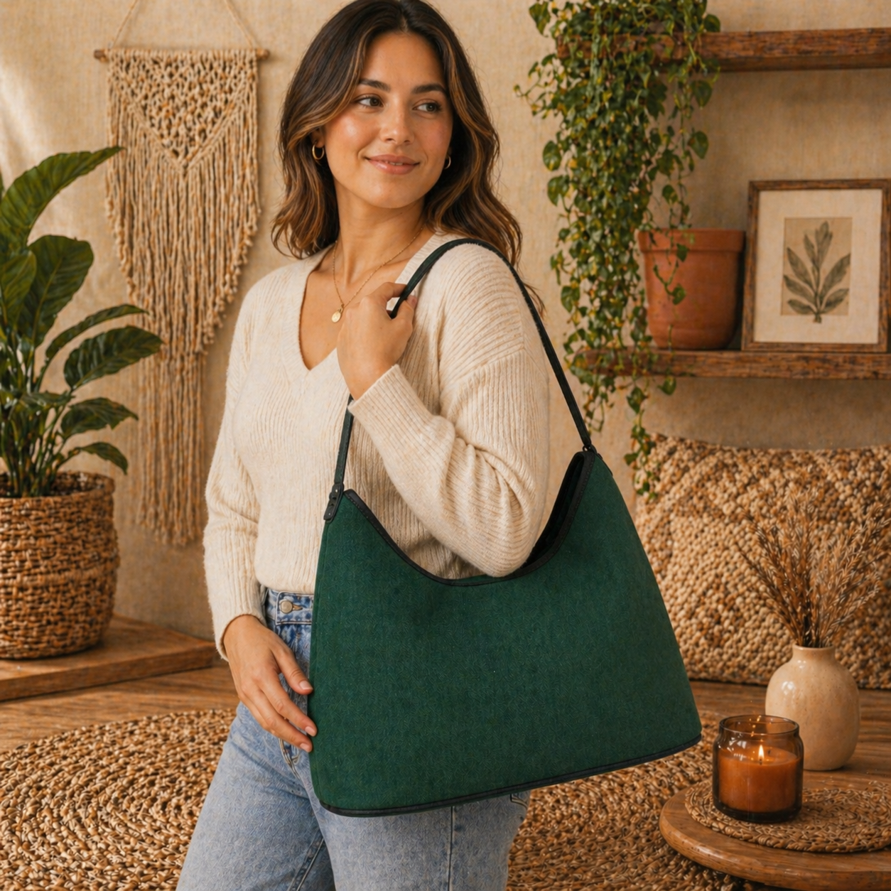 Large Hobo Bag with Suede Leather Strap