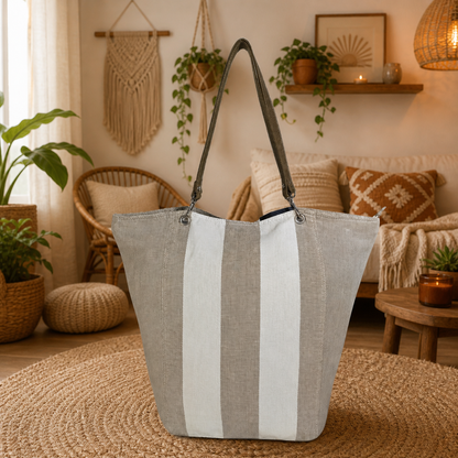 Large Linen Tote Bag with Leather Straps