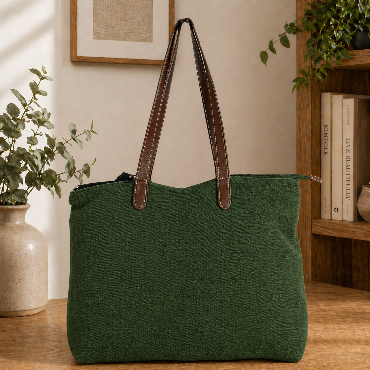 Timeless Linen Handbag with Genuine Leather Handles