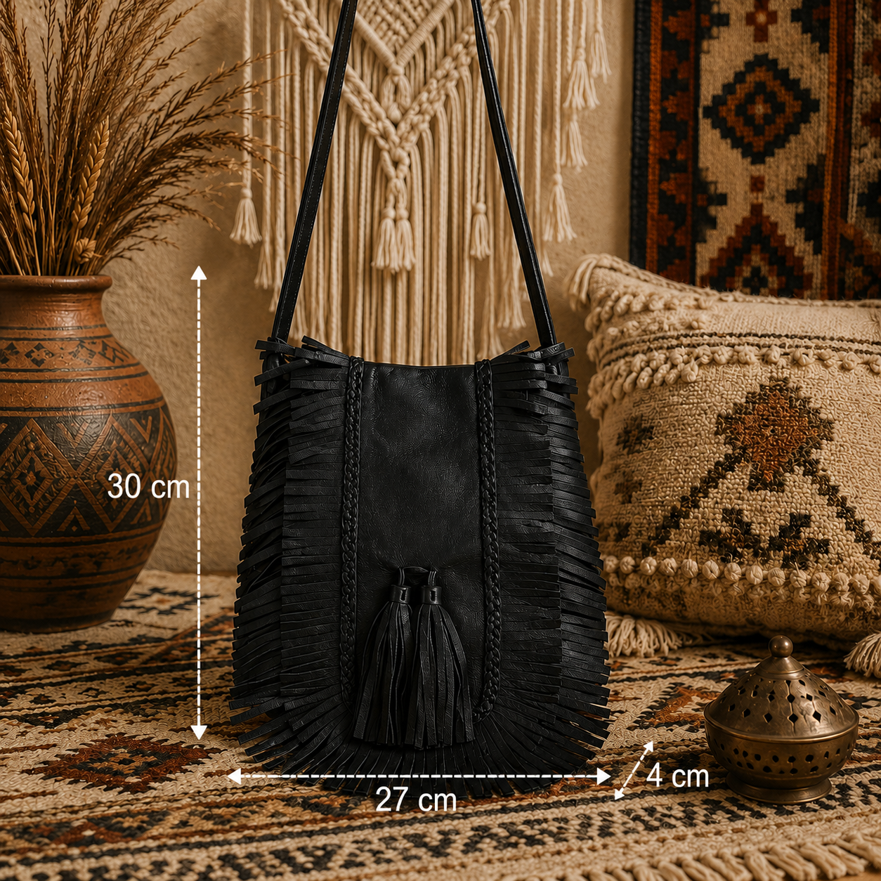 Leather Fringe Handbag with Tassel
