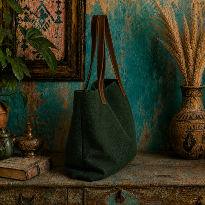 Large Linen Shoulder Tote Bag with Leather Strap