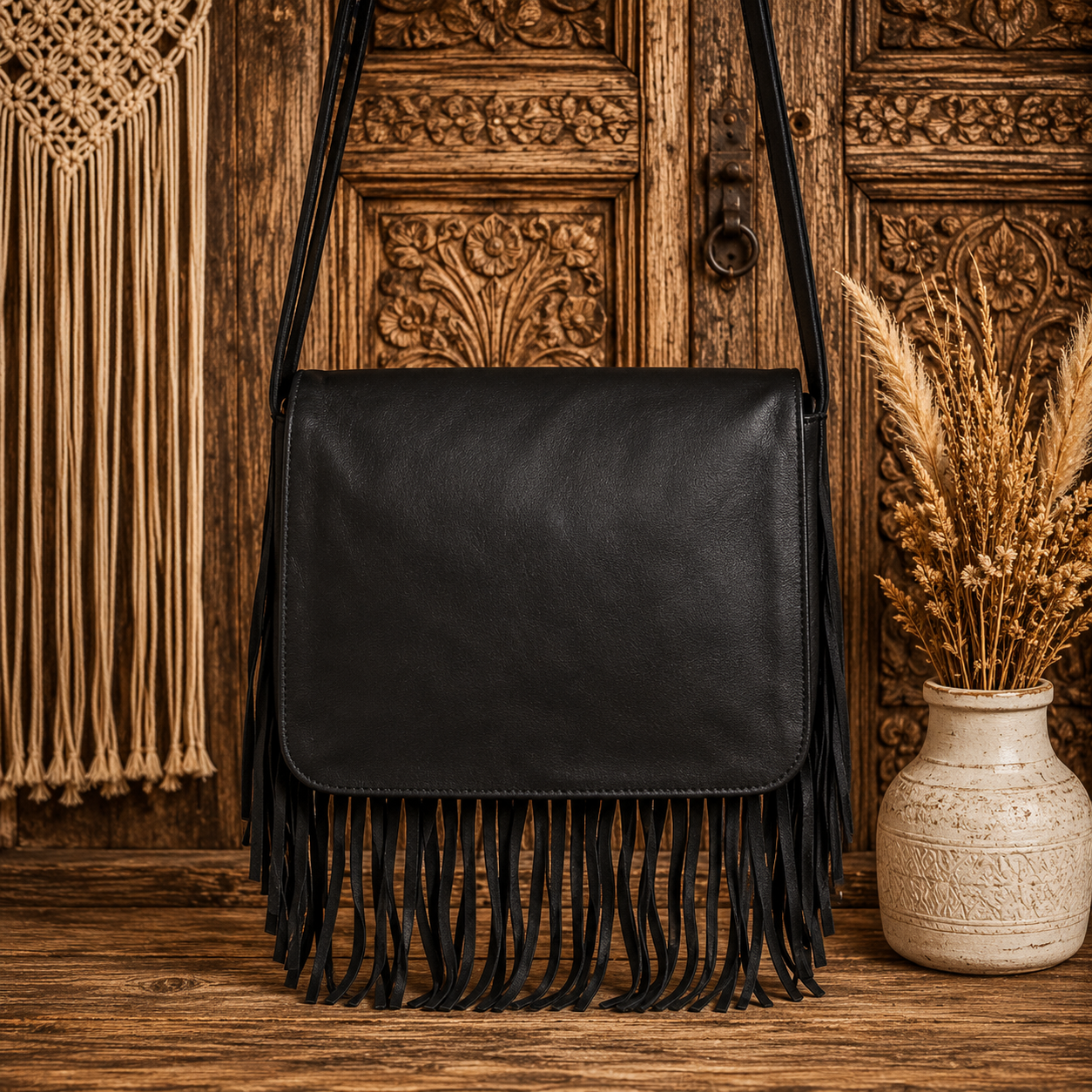 Black Leather Fringes Bag