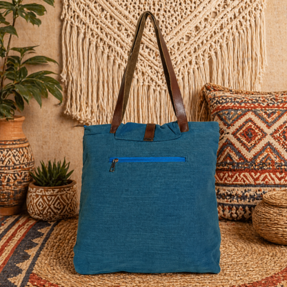 Large Linen Shoulder Tote Bag with Cargo Pocket