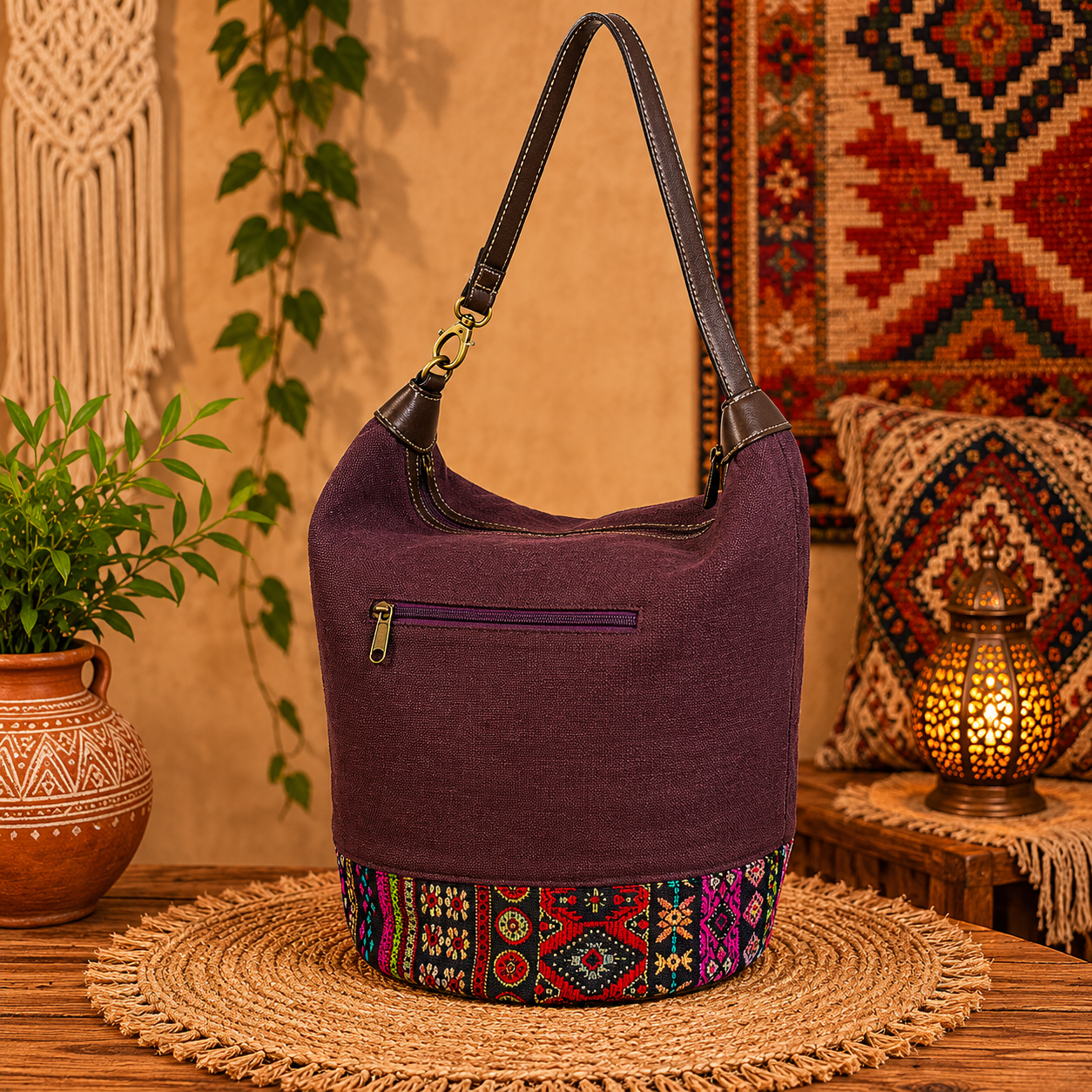 Large Linen Tote Bag with Printed Patchwork