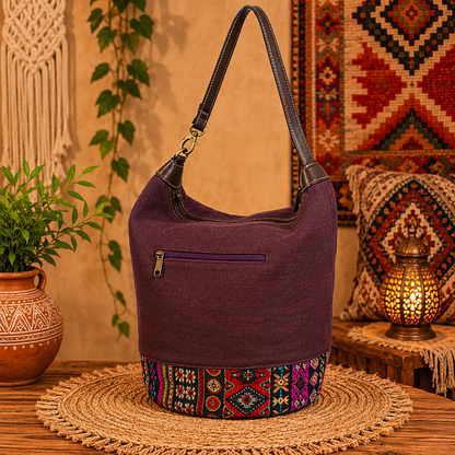 Large Linen Tote Bag with Printed Patchwork