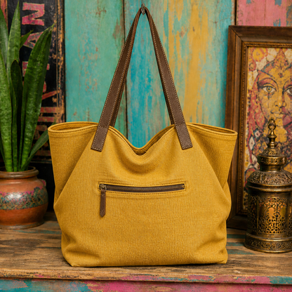 Large Linen Shoulder Tote Bag with Leather Strap
