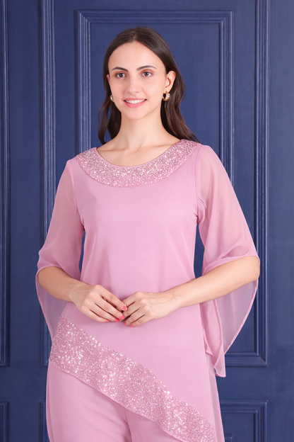 Elegant Sequins Motif Frilled Top and Co-Ord Pants for Women