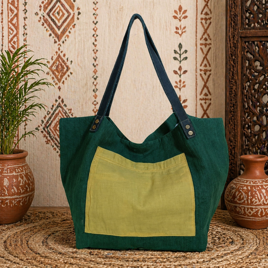 Large Linen Handbag with Wide Stripe Back – Modern Classic Everyday Tote