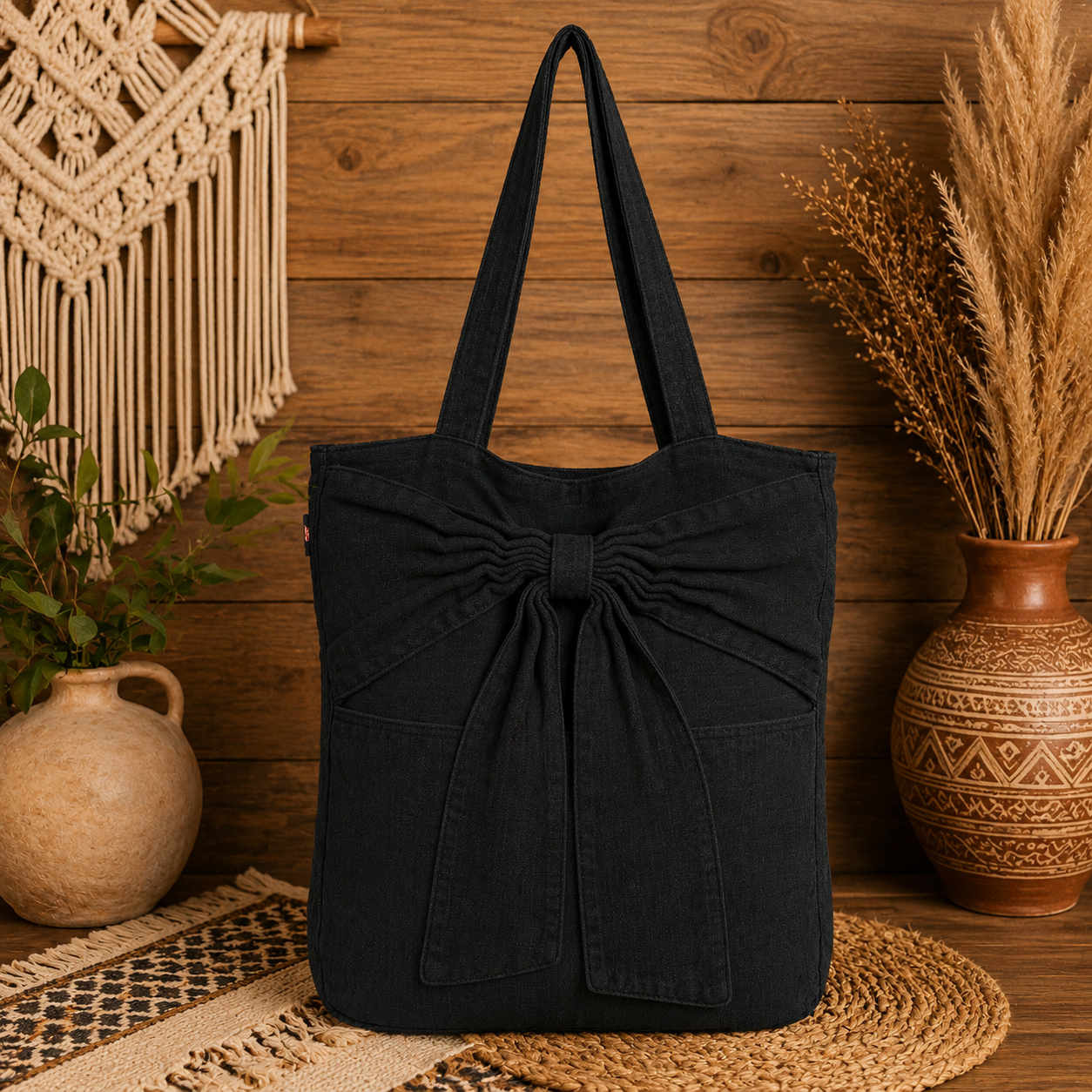 Large Linen Shoulder Tote Bag with Bow