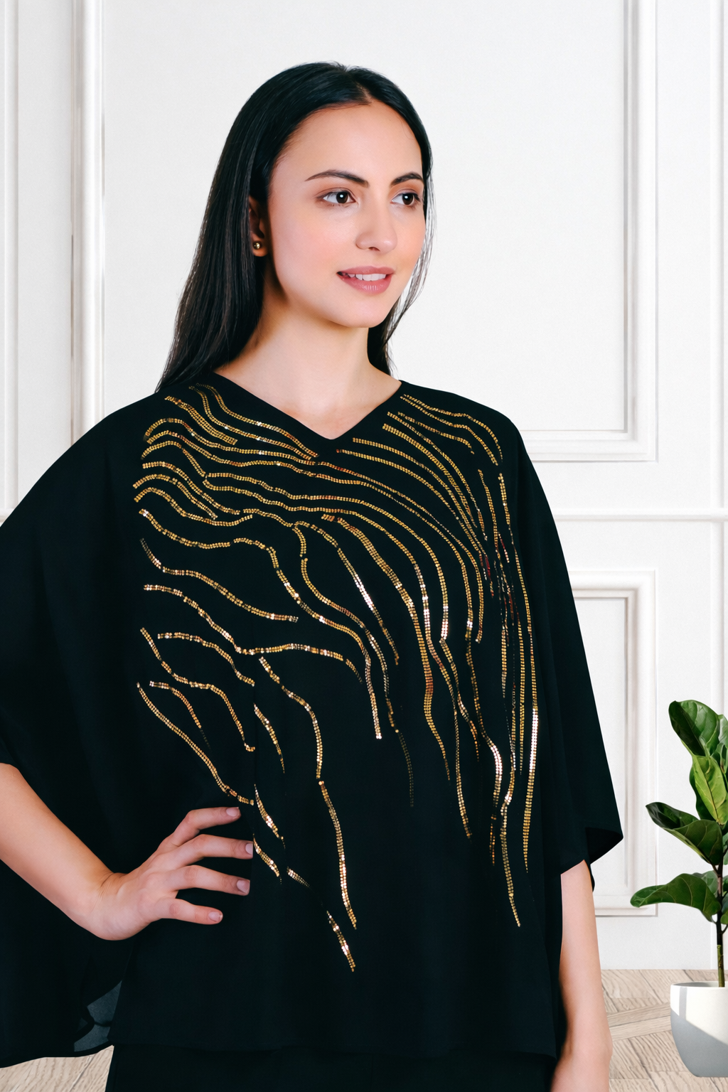 Designer Asymmetric Sequins Embellished Top with Matching Pants