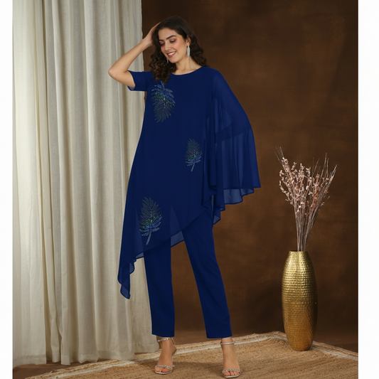 Asymmetric Sequin Embellished Women’s Georgette Top & Pant Co-Ord Set – Festive Party Wear