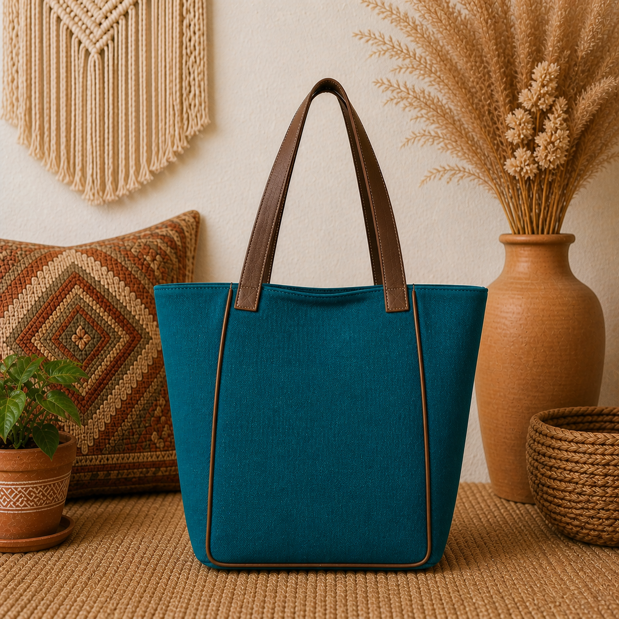 Large Linen Tote Bag with Leather Straps