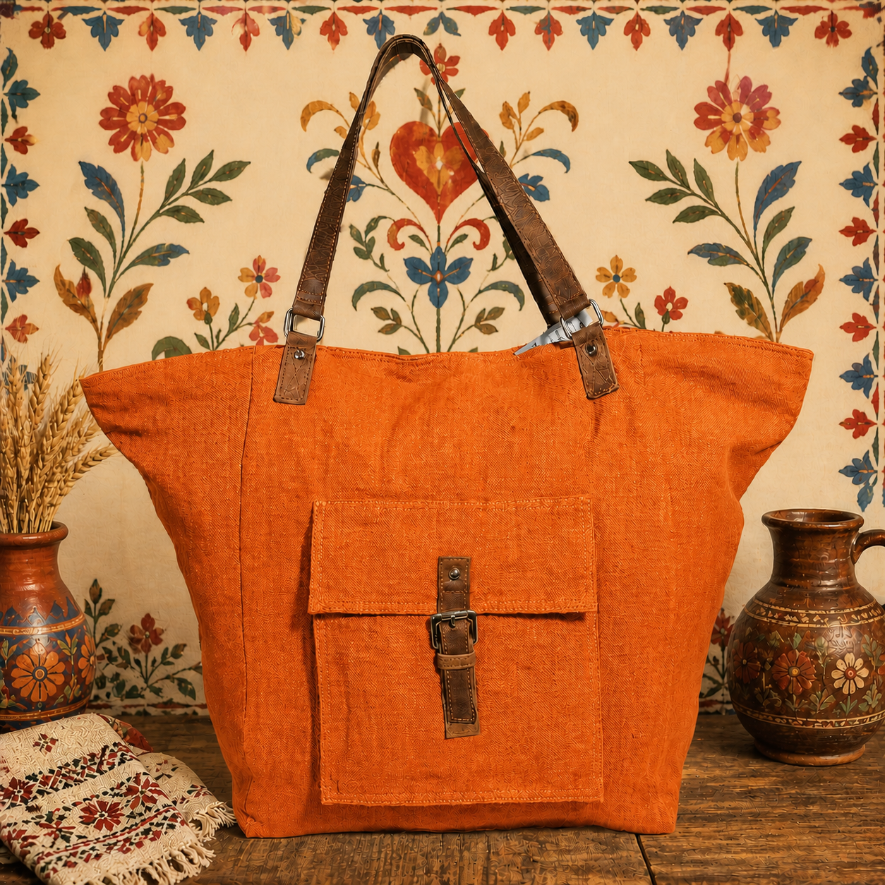 Stylish Large Tote Bag with Cargo Pocket & Leather Strap