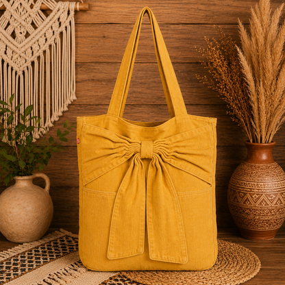 Large Linen Shoulder Tote Bag with Bow
