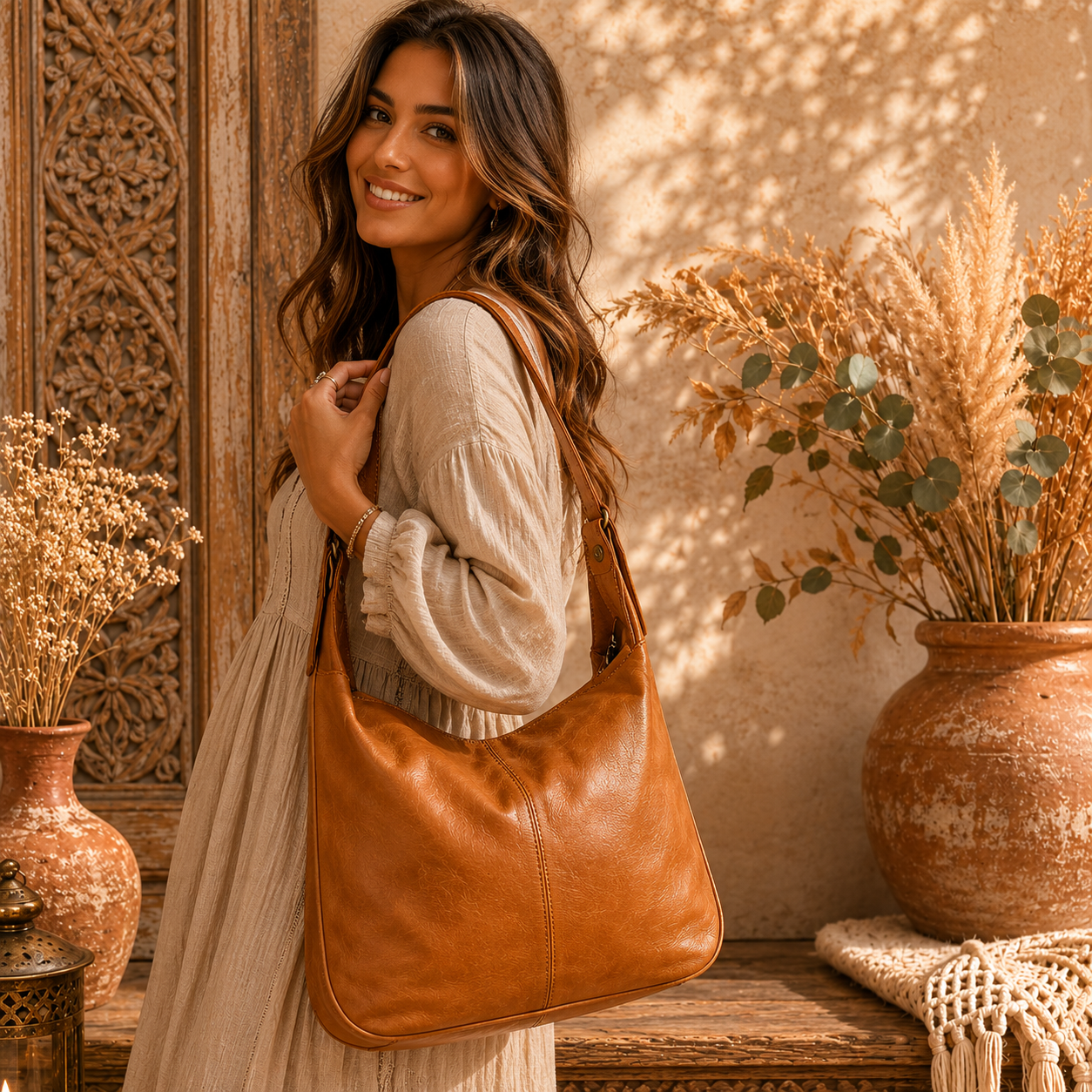 Classic Tan Leather Hobo Handbag