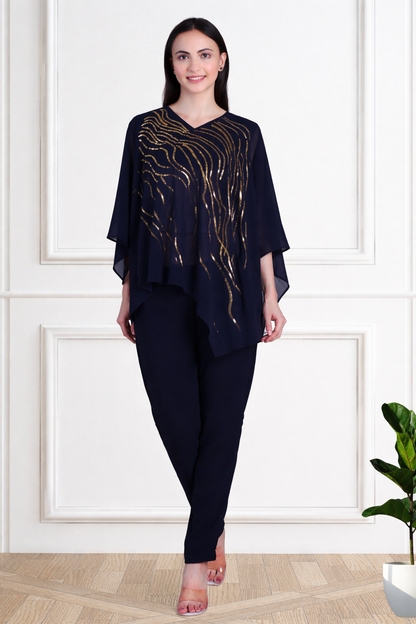 Designer Asymmetric Sequins Embellished Top with Matching Pants