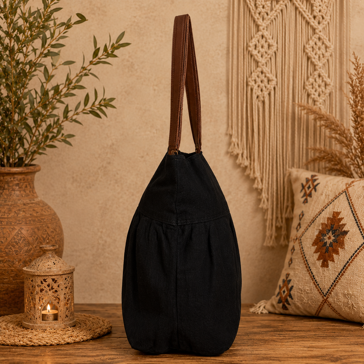 Large Linen Pleated Tote  Bag