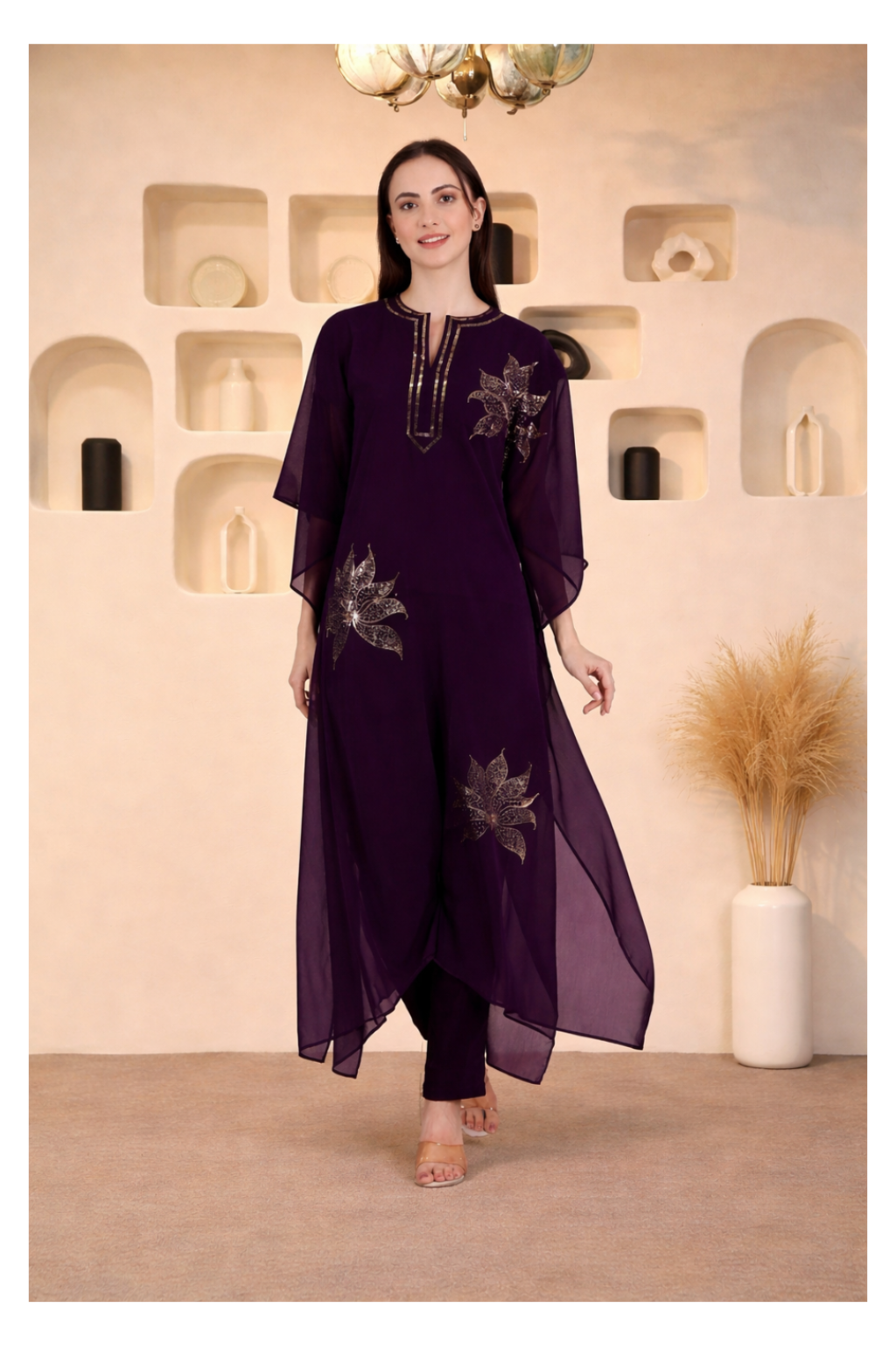 Women's Sequin Motif Embellished Georgette Kaftan Set