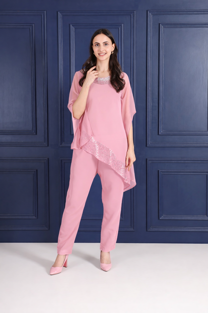 Elegant Sequins Motif Frilled Top and Co-Ord Pants for Women