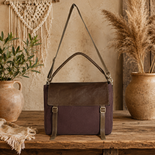 Large Linen &  Leather Satchel Shoulder Bag